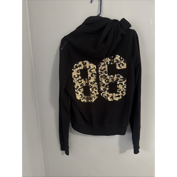 VTG Victorias Secret PINK Cheetah Print Sequin Bling Full Zip Hoodie Black 86 L - Picture 1 of 5